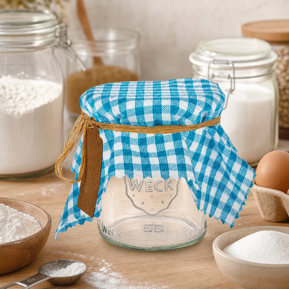 Mantel de tela a cuadros turquesa en la cocina con tarro, harina e ingredientes de repostería como utensilios de cocina.