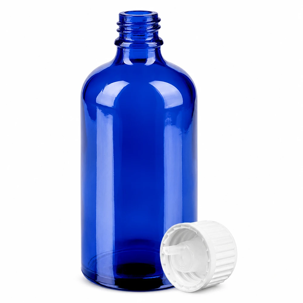 Frasco de vidrio azul de 100 ml con cuentagotas de 0,9 mm blanco para dosificación STD BlueLine UT18