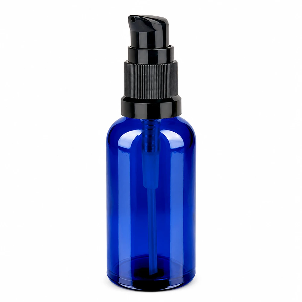Frasco bomba 50ml negro tapón estándar BlueLine UT18/50 Frasco de vidrio azul de 50 ml con dosificador de bomba negro para cosméticos y cuidado de la piel STD BlueLine UT18/50