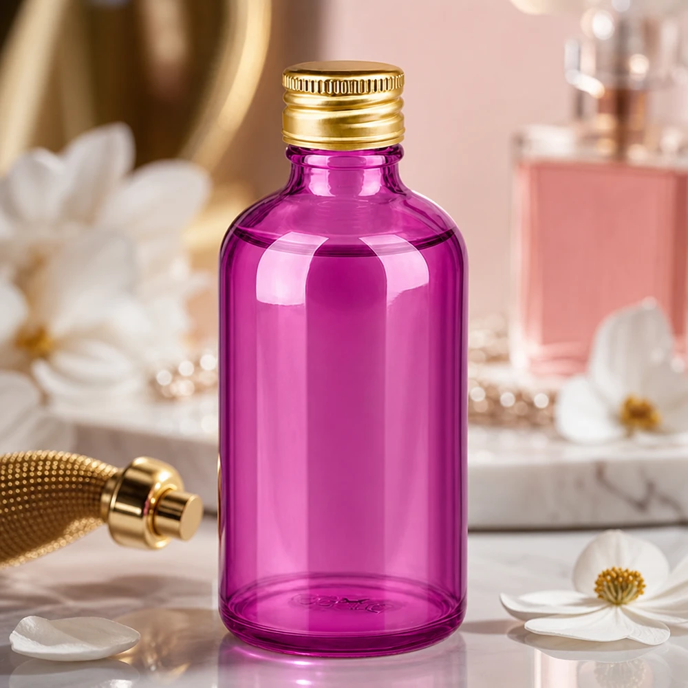 Frasco de vidrio de 100 ml de color púrpura con elegante tapón dorado para aplicaciones de aromaterapia