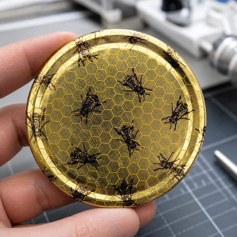 Tapa BasicSeal de 82 mm con diseño de panal de abeja (TO82) UNiTWIST Primer plano de la tapa BasicSeal de 82 mm con diseño de panal de abeja TO82 de UNiTWIST, con un detallado motivo de insectos