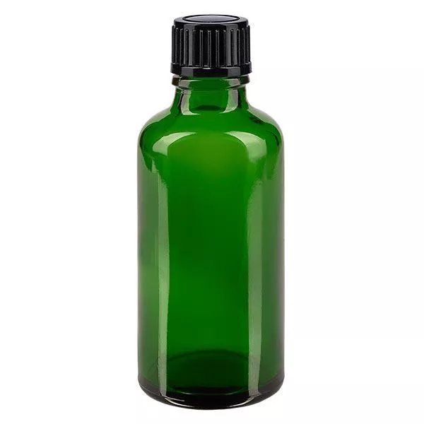 Botella de farmacia verde 50ml tapón cuentagotas 1mm negro estándar Botella de farmacia verde 50ml tapón cuentagotas 1mm negro estándar