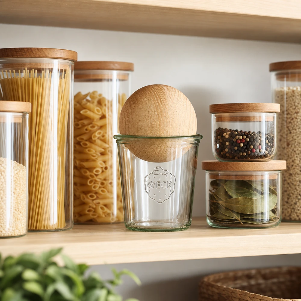 Tarro WECK 290ml RR80 con bola de madera de haya en la despensa organizada entre los contenedores de especias y pasta
