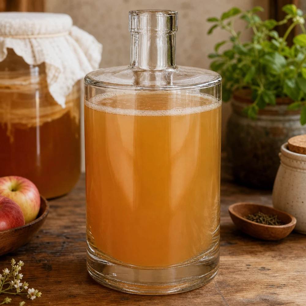 Botella de vidrio de 700 ml «Marie» sin tapón UNiTWIST® 700ml Glasflasche Marie mit goldener Flüssigkeit befüllt in rustikaler Küche neben Äpfeln und Gewürzen dekoriert