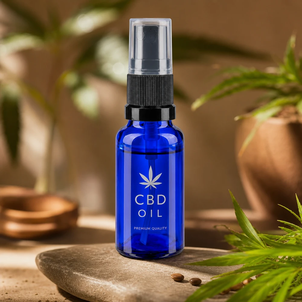 Frasco de 20 ml de cristal azul de farmacia con dosificador en spray para aceite de CBD y cosmética natural