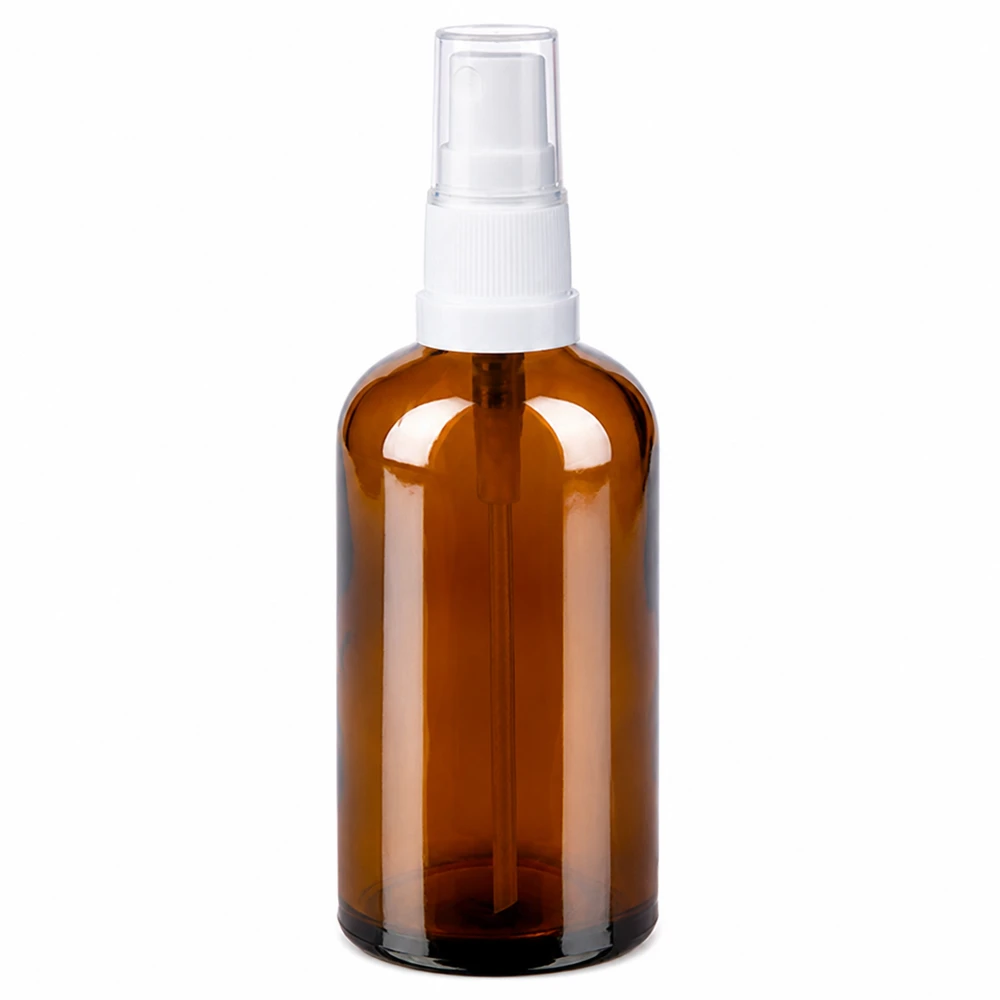 Botella pulverizadora de vidrio ámbar de 100 ml con pulverizador de bomba blanco para cosméticos y aceites esenciales