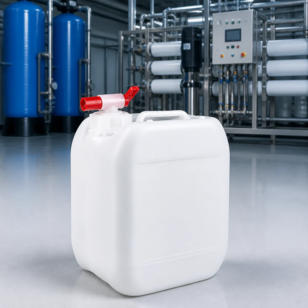Bidón de plástico translúcido de 5 litros con grifo de bola rojo situado delante de la instalación de tratamiento de agua