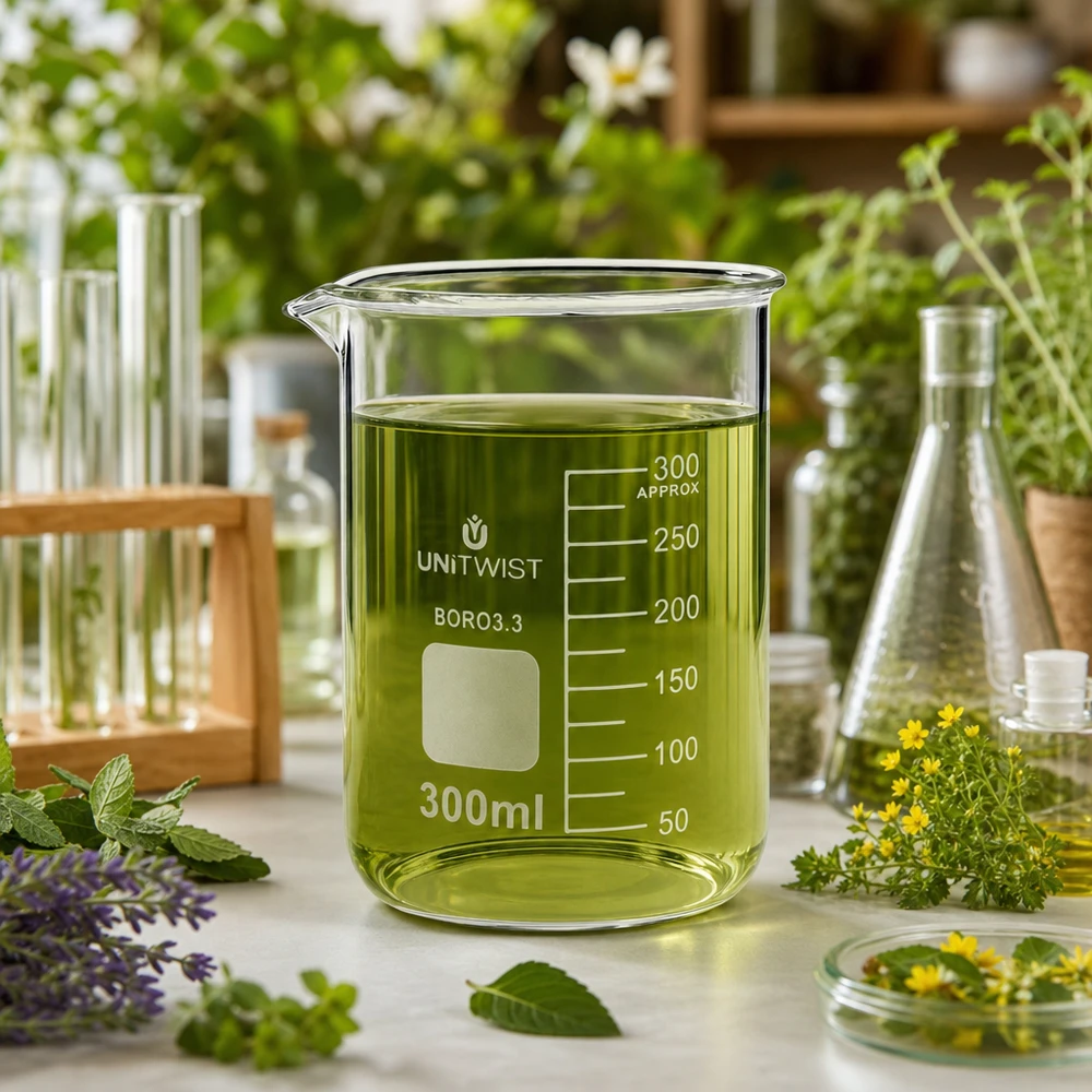 Vaso de precipitados UNiTWIST de 300 ml con extracto de hierbas verdes, rodeado de hierbas medicinales frescas en el laboratorio