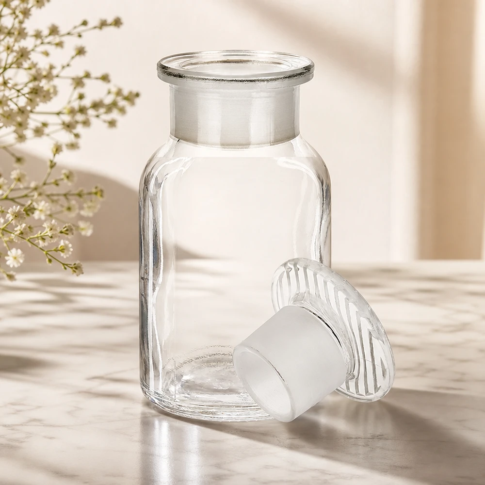 Frasco de hombros redondeados de 100 ml, de cuello ancho, con tapón de vidrio mate transparente, para muestras de laboratorio
