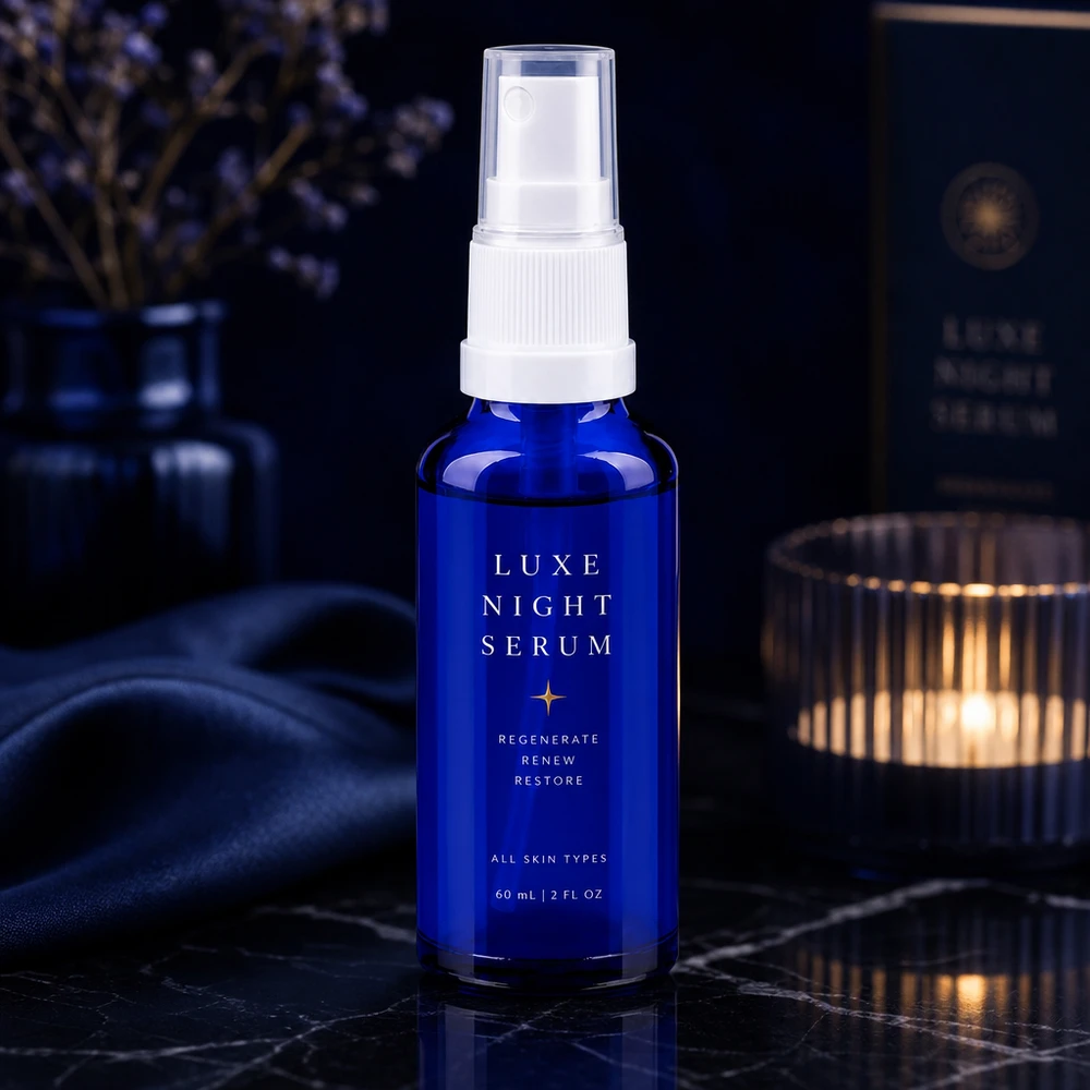 Frasco de farmacia azul de 60 ml con pulverizador y cabezal blanco, como envase para un sérum de noche sobre fondo de mármol
