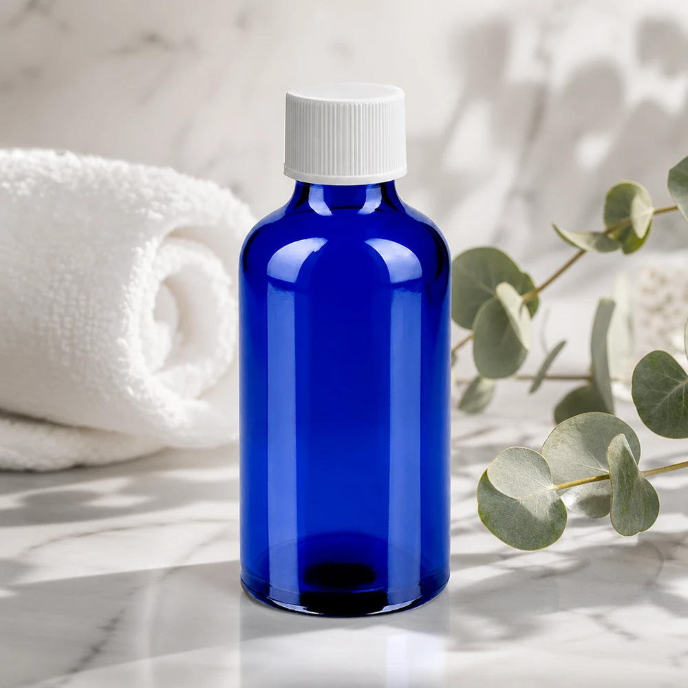 Botella 50ml 11mm tapón rosca blanco Standard BlueLine UT18/50 Frasco boticario compacto de 50 ml de vidrio azul con protección UV y tapón blanco
