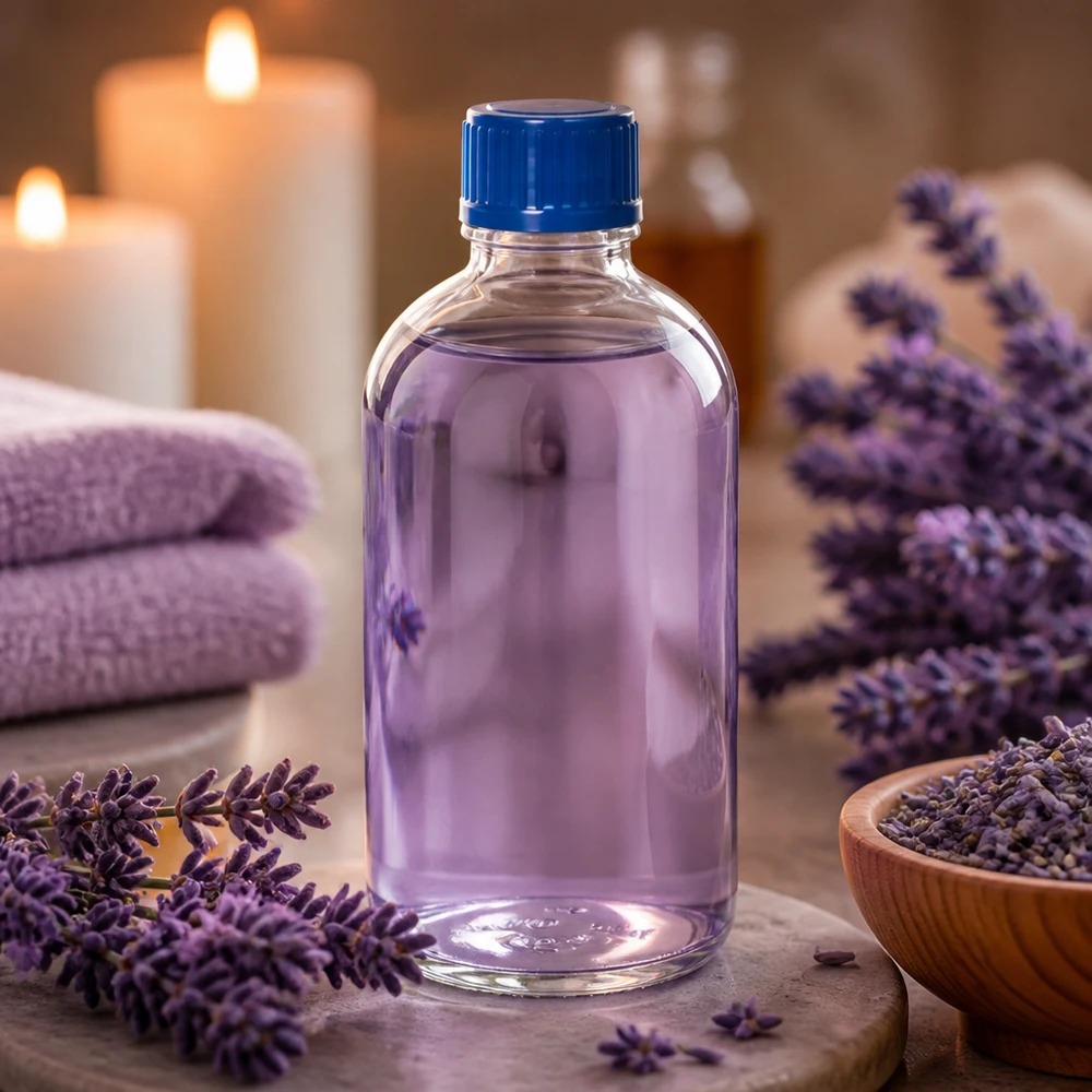 Frasco para guardar aceite de lavanda, 100 ml, cristal transparente, tapa azul, ClearLine UT18, aromaterapia