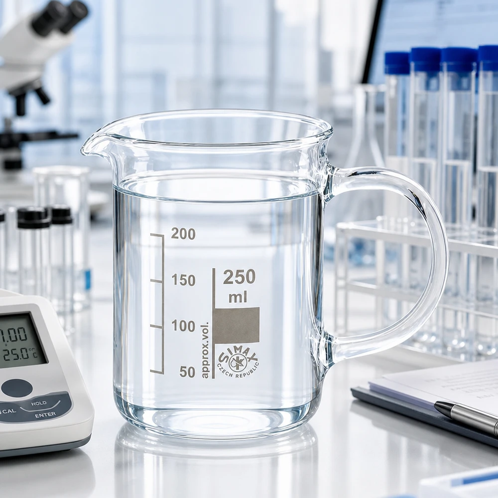 Vaso de precipitados de 250 ml de vidrio borosilicato con asa y agua transparente sobre una mesa de laboratorio blanca con un microscopio