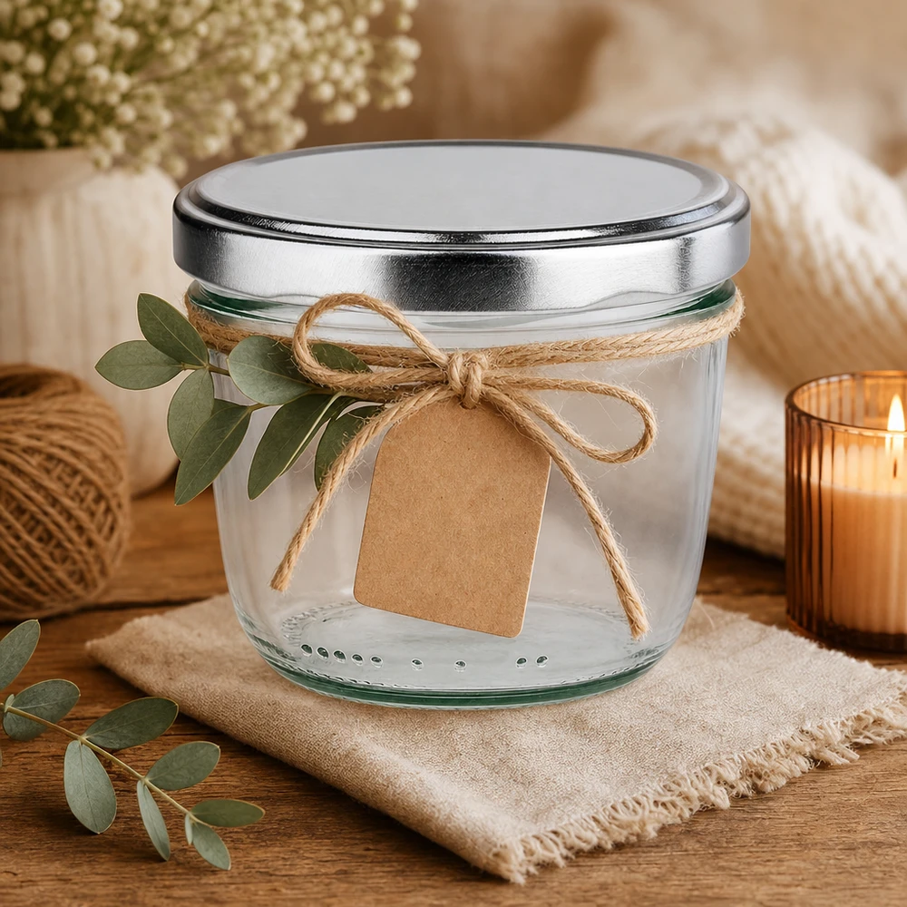 Vasos de 230ml tapa BasicSeal plateado decorativo con lazo de yute etiqueta de papel kraft idea regalo rústico