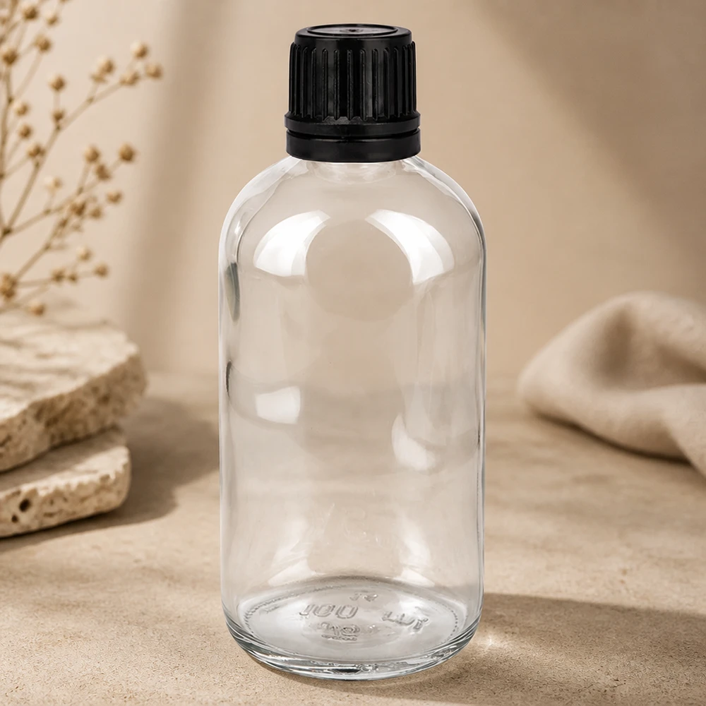 Frasco de farmacia de 100 ml de cristal transparente con tapón de rosca a prueba de niños en color negro