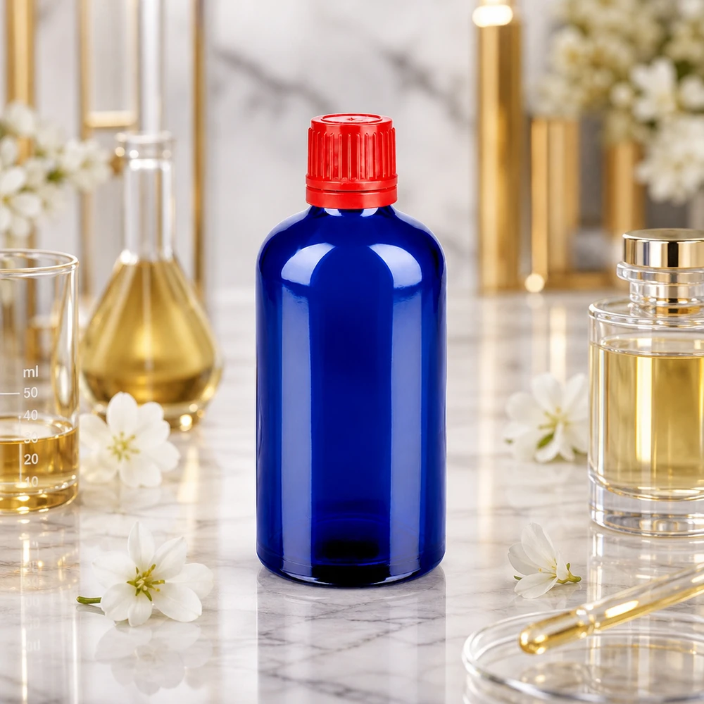 Botella 100ml 11mm tapón rosca rojo cierre inviolable BlueLine UT18/100 Frasco de farmacia BlueLine UT18 de 100 ml en azul cobalto para el almacenamiento seguro de líquidos