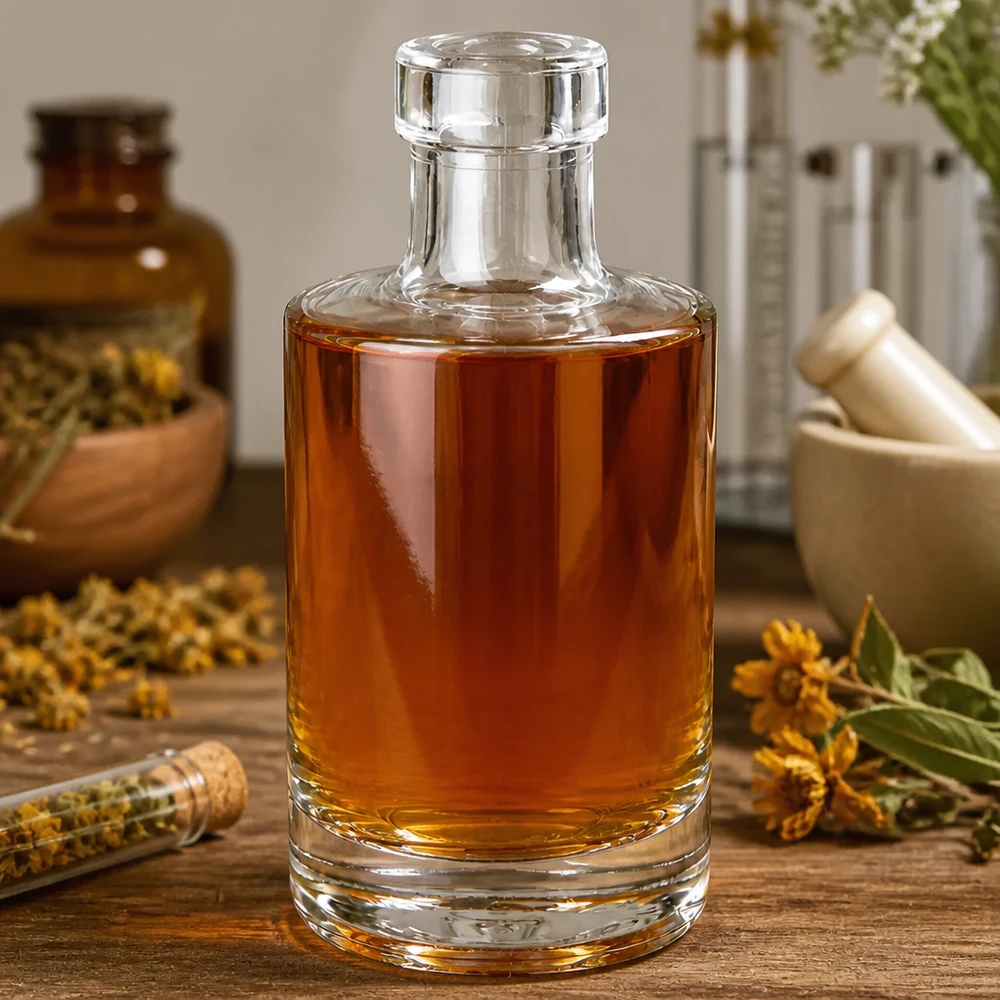 Botella de vidrio de 200 ml «Marie» sin tapón UNiTWIST® Botella de cristal de 200 ml Marie rellena de aceite de color ámbar estilo boticario con hierbas medicinales secas aromáticas naturales