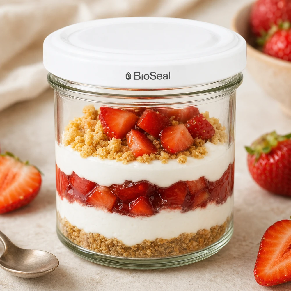 UNiTWIST Tarro de postre en capas de 125 ml fresas yogur base galleta TO66 BioSeal tapa tarro de postre parfait