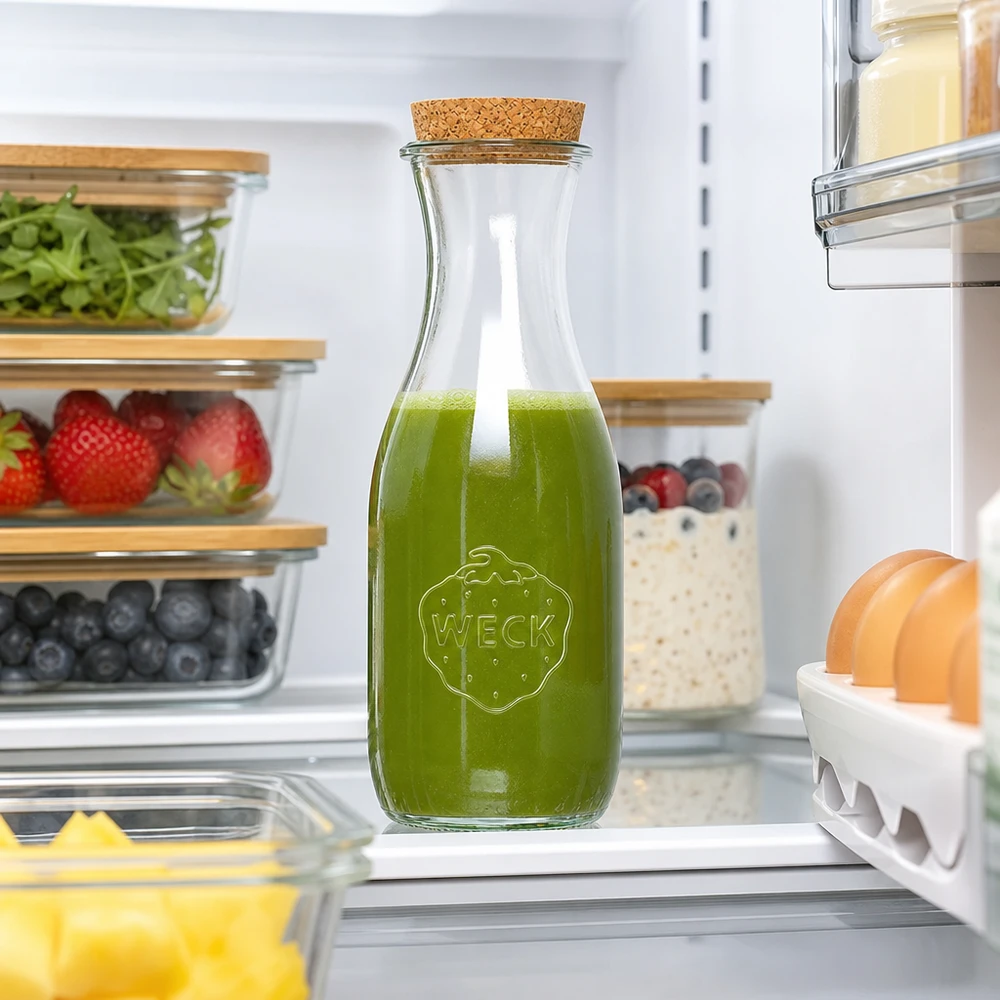 1062ml botella de zumo WECK RR60 con corcho natural WECK botella de zumo 1062ml con batido verde en la nevera entre los alimentos frescos y contenedores de almacenamiento