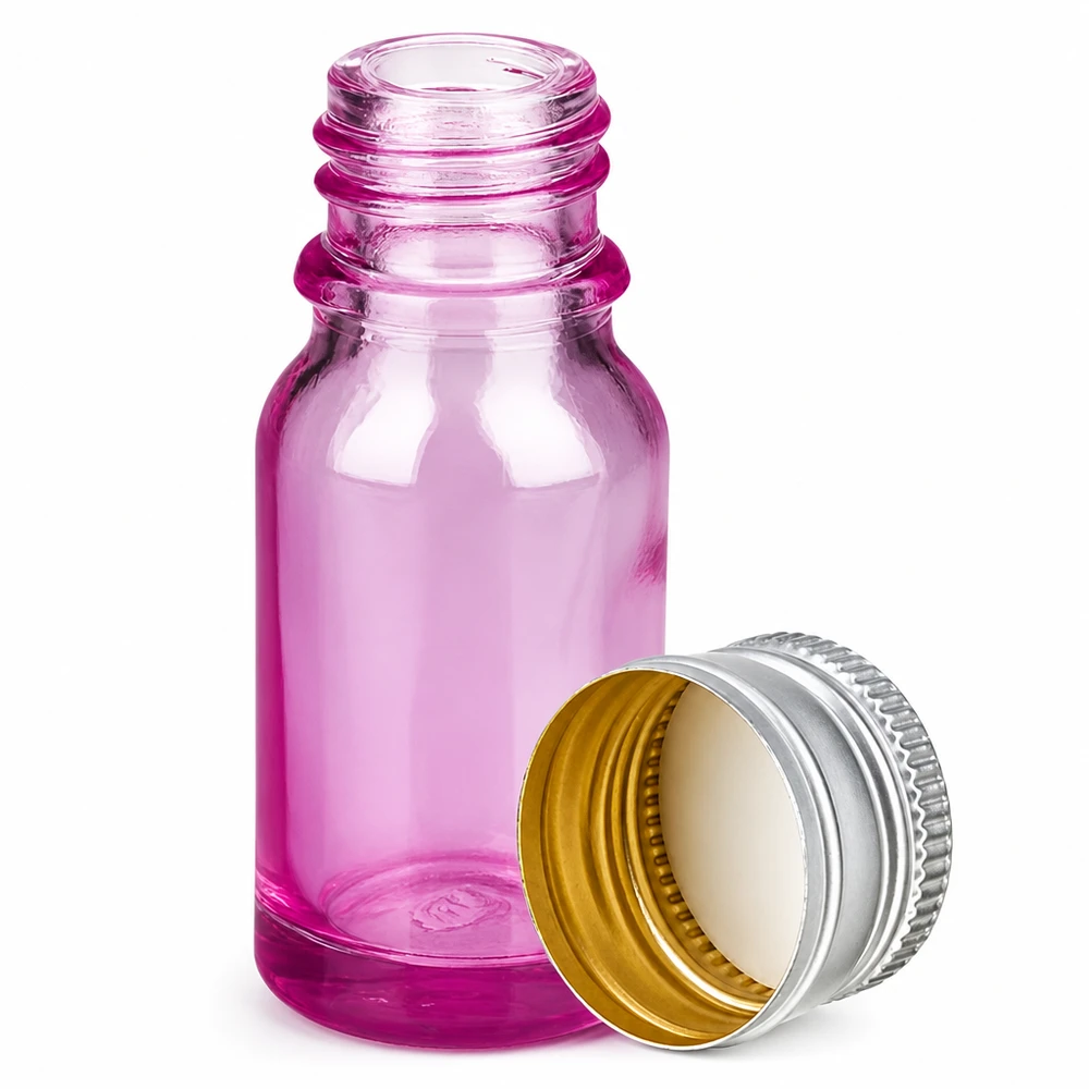 Frasco de vidrio violeta de 10 ml con rosca de 11 mm y tapón de aluminio plateado para aromaterapia