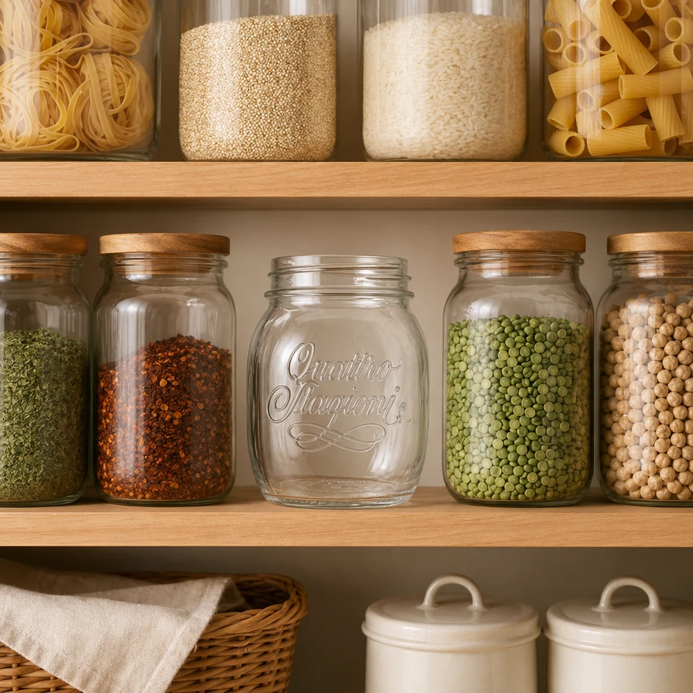 Tarro doméstico Quattro Stagioni de 700 ml con tapa de madera para guardar legumbres y especias en la cocina