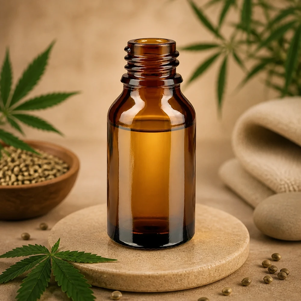 Frasco cuentagotas 30 ml DIN 18 de vidrio ámbar HOHE FORM Frasco de farmacia marrón 30ml forma alta ApoGlas en posavasos de madera con semillas de cáñamo de cannabis aceites naturales bienestar