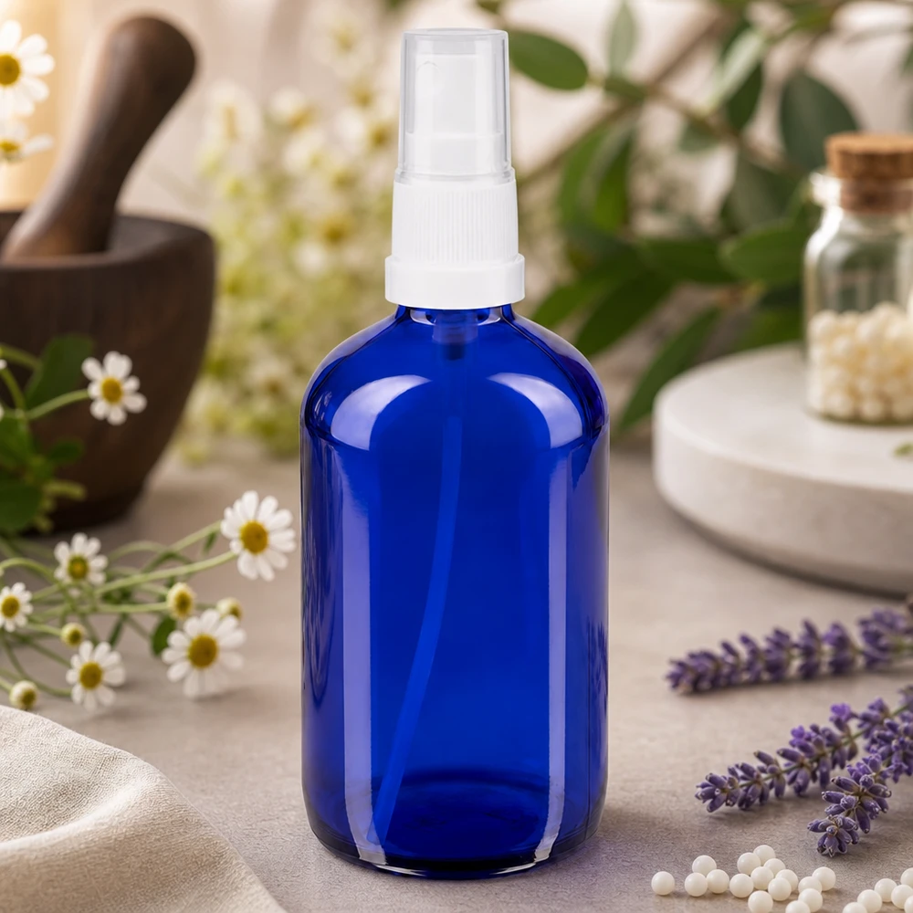 Frasco pulverizador azul de 100 ml, fabricado en vidrio con protección UV, con dosificador blanco, para aceites esenciales e hidrolatos