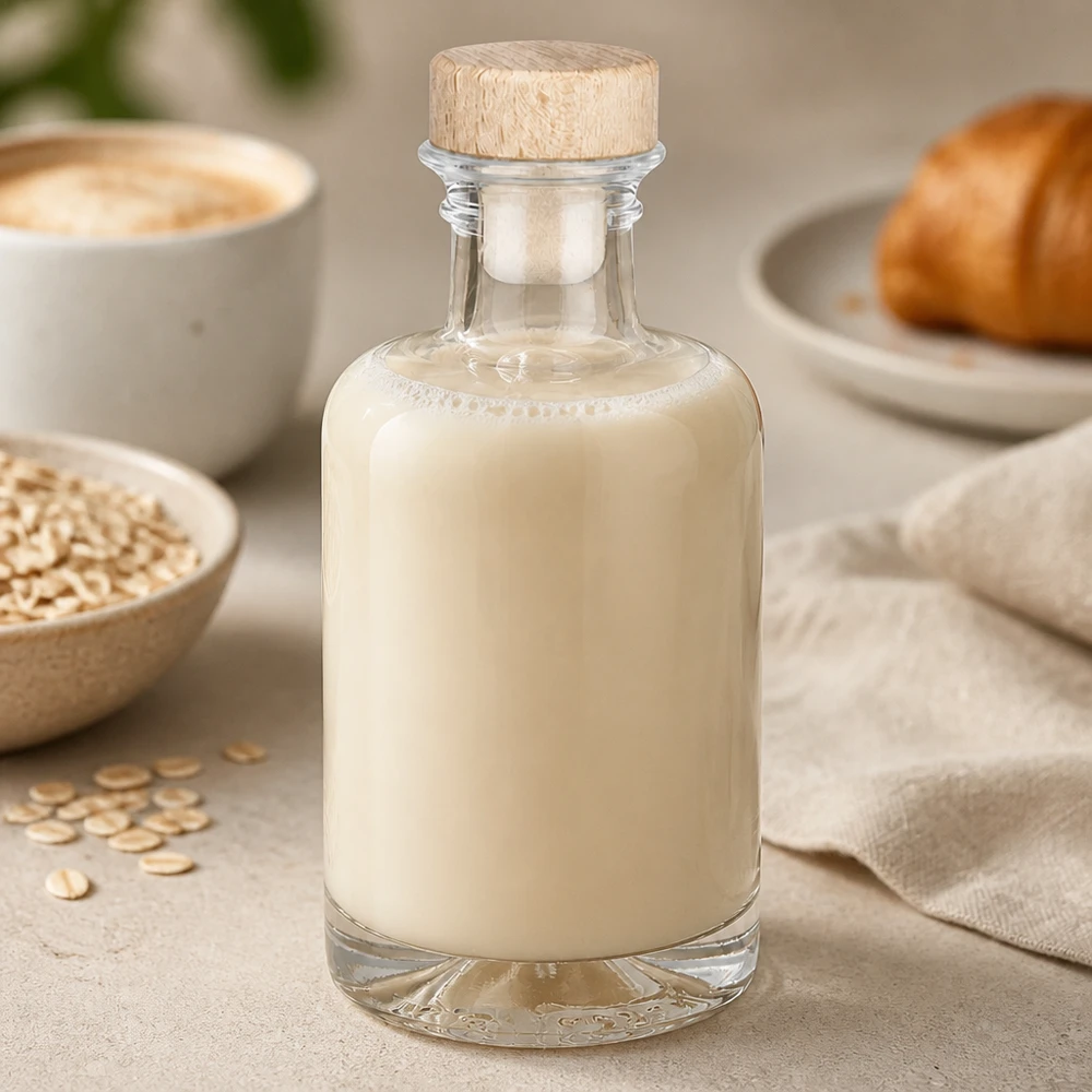 Botella de farmacia de 100 ml «Sofia» con tapón de corcho con asa de madera UNiTWIST® 100ml Glasflasche Sofia mit Holzkorken gefüllt mit cremiger Hafermilch neben Haferflocken und Croissant Frühstücksszene