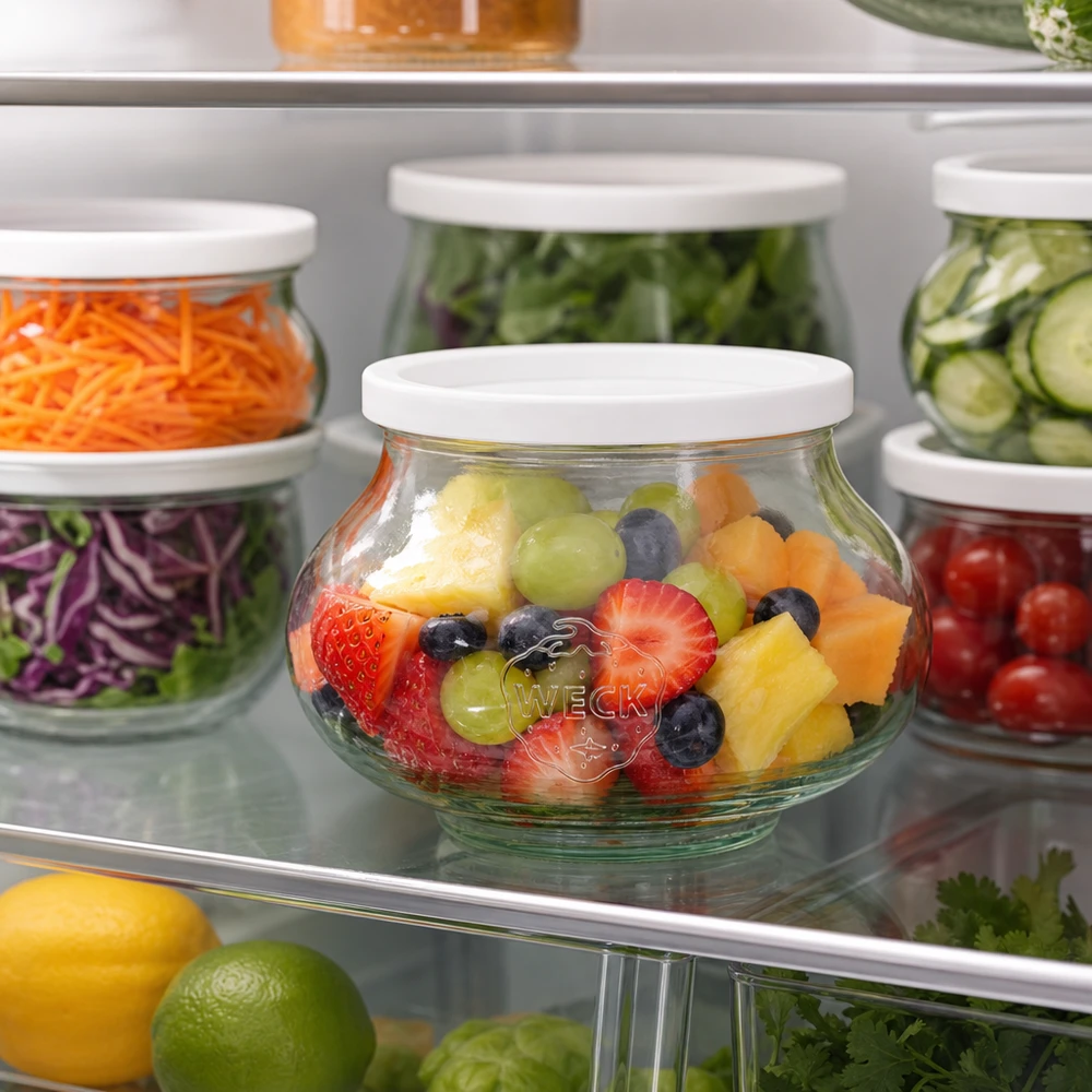 Tarro decorativo WECK 560ml RR80 con ensalada de frutas en la nevera junto a otros tarros de almacenamiento con verduras y ensalada