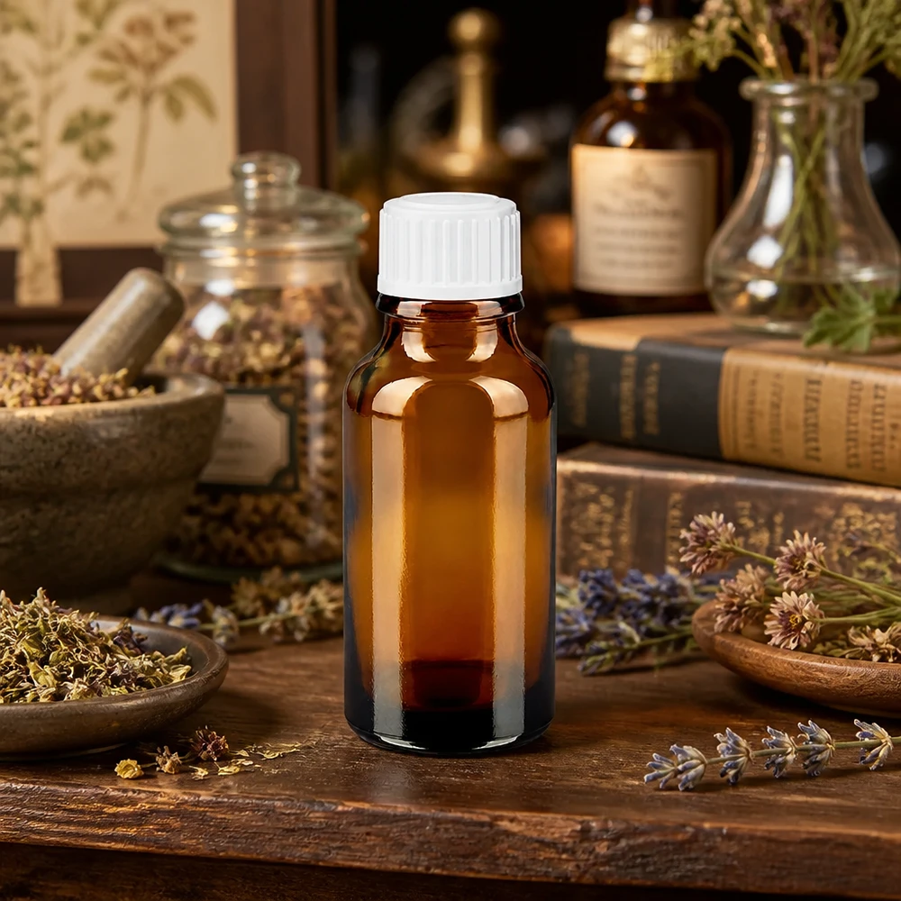 Frascos de farmacia de 20 ml de cristal ámbar con tapón de rosca blanco, entre hierbas secas y libros antiguos