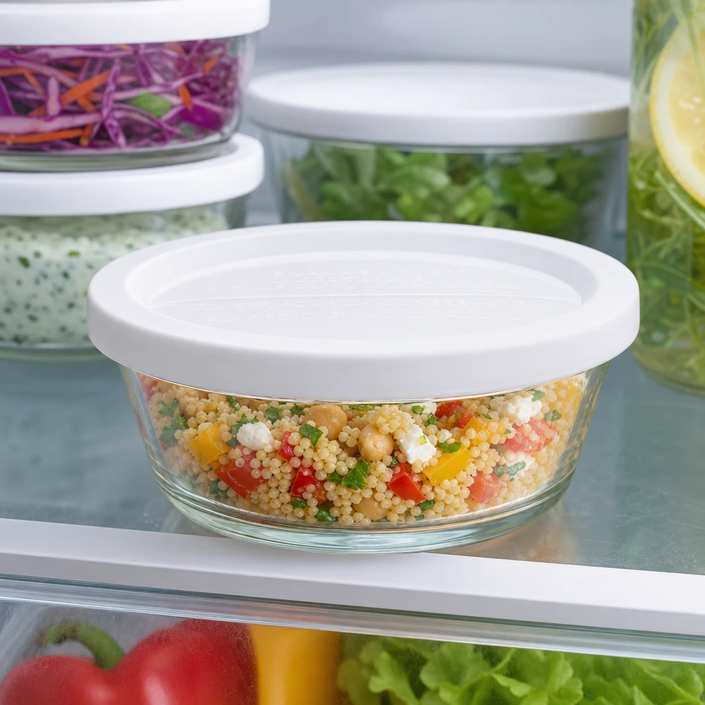 Tarro gourmet de 300ml con frisado. WECK RR120 WECK RR120 tarro gourmet 300ml en la nevera lleno de ensalada de cuscús de colores junto a otros recipientes de almacenamiento