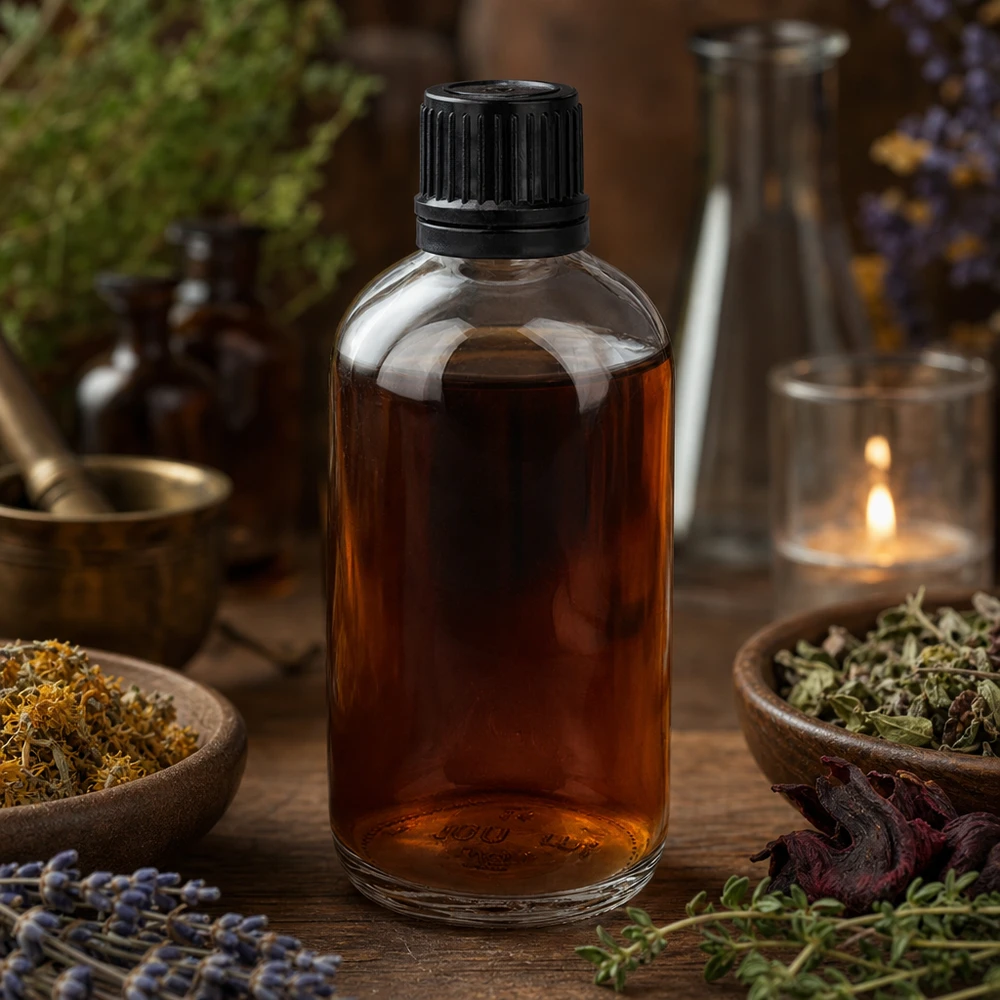 Tintura de hierbas de color marrón en un frasco de cristal transparente de 100 ml, rodeada de hierbas medicinales secas y lavanda