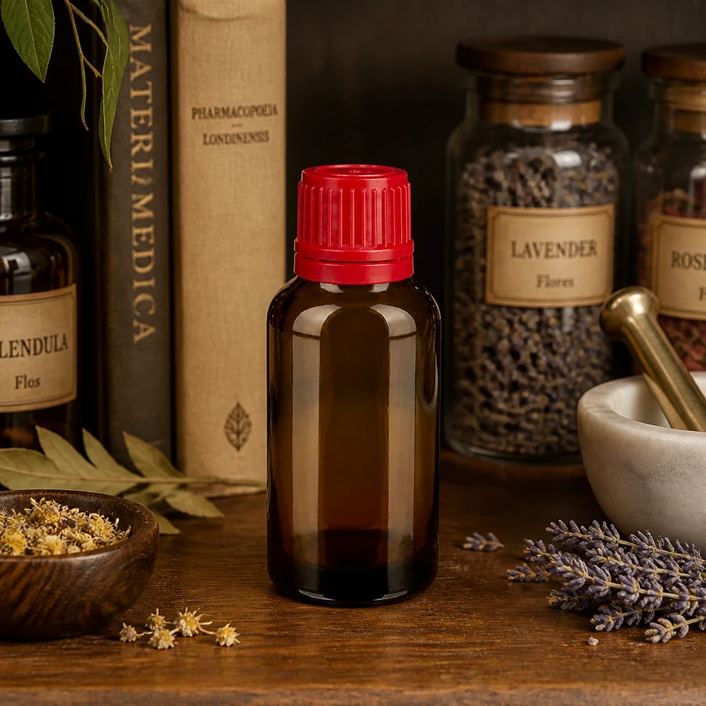 Botella 30ml tapón rosca 11mm rojo cierre inviolable BrownLine UT18/30 Frasco compacto de vidrio ámbar de 30 ml con tapón rojo a prueba de manipulaciones para un almacenamiento seguro