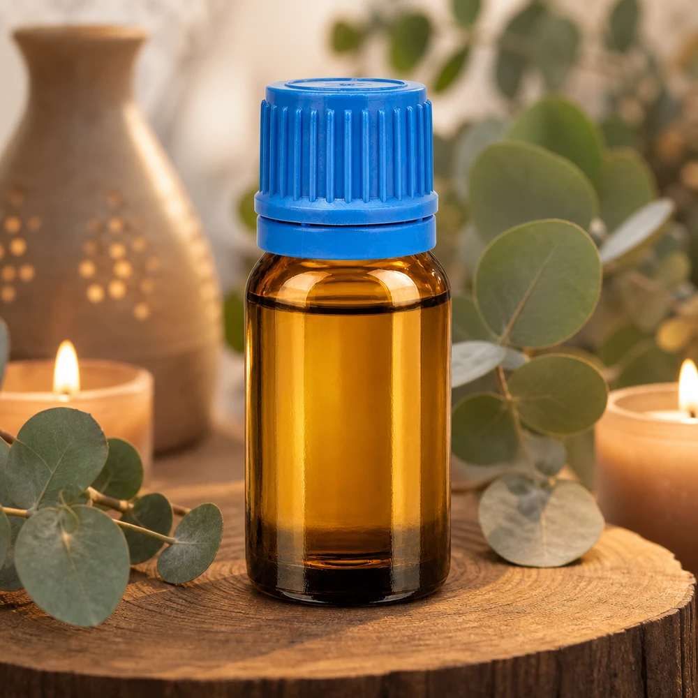 Pequeño frasco de vidrio de 10 ml en marrón con tapón azul ideal para aromaterapia y cosmética natural
