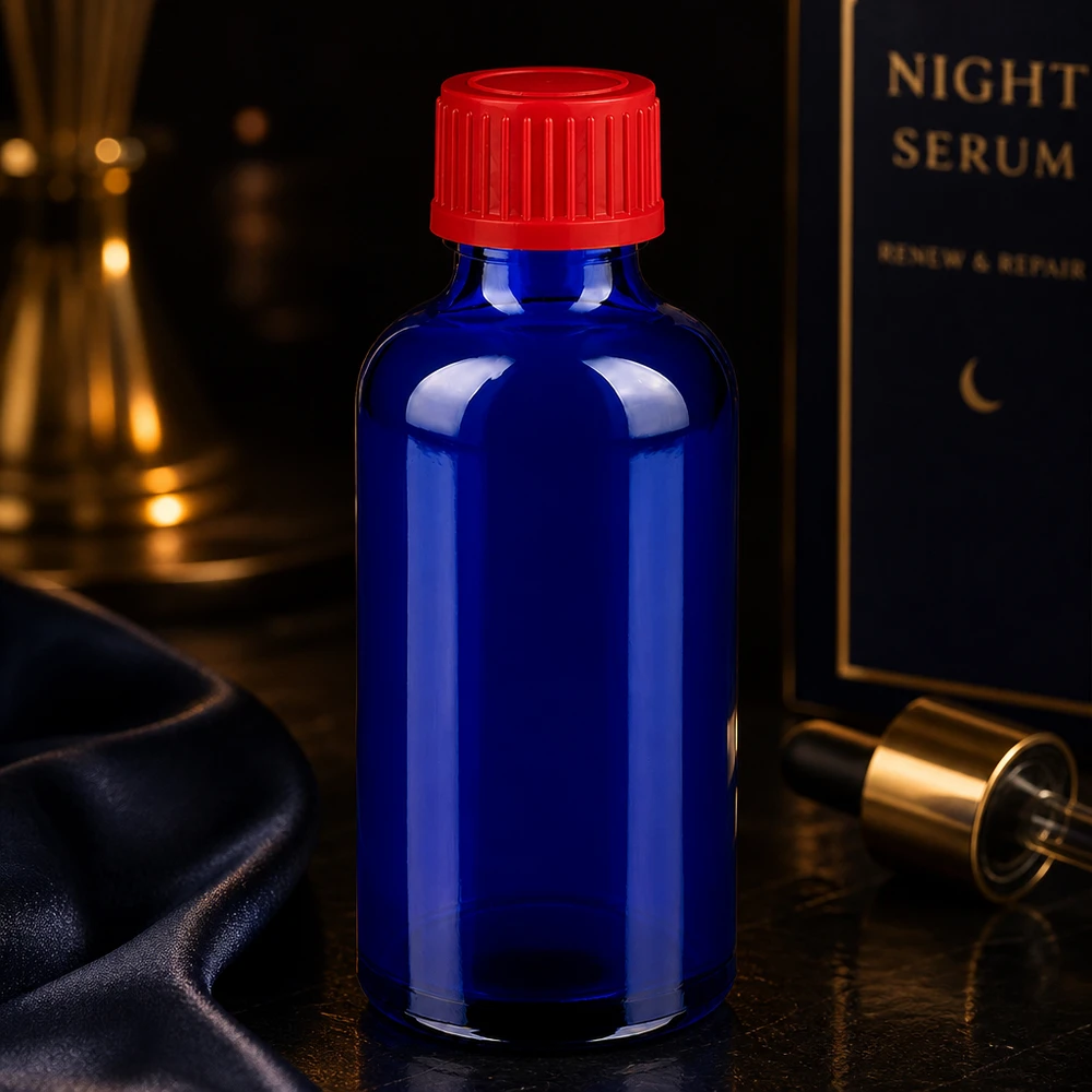 Frasco 50ml 11mm tapón rosca rojo estándar BlueLine UT18/50 Botella de cristal compacta de 50 ml BlueLine UT18/50 con práctico tapón de rosca de 11 mm en rojo señalizado