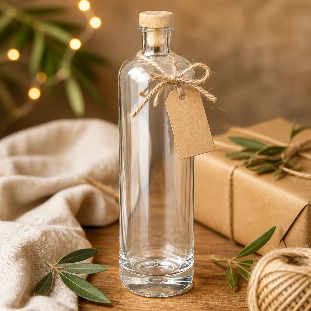 Botella de vidrio de 700 ml «Ella» con tapón de corcho con asa de madera UNiTWIST® Botella de cristal Ella vacía de 700 ml con corcho de madera y etiqueta de regalo en decoración navideña festiva con luces de hadas