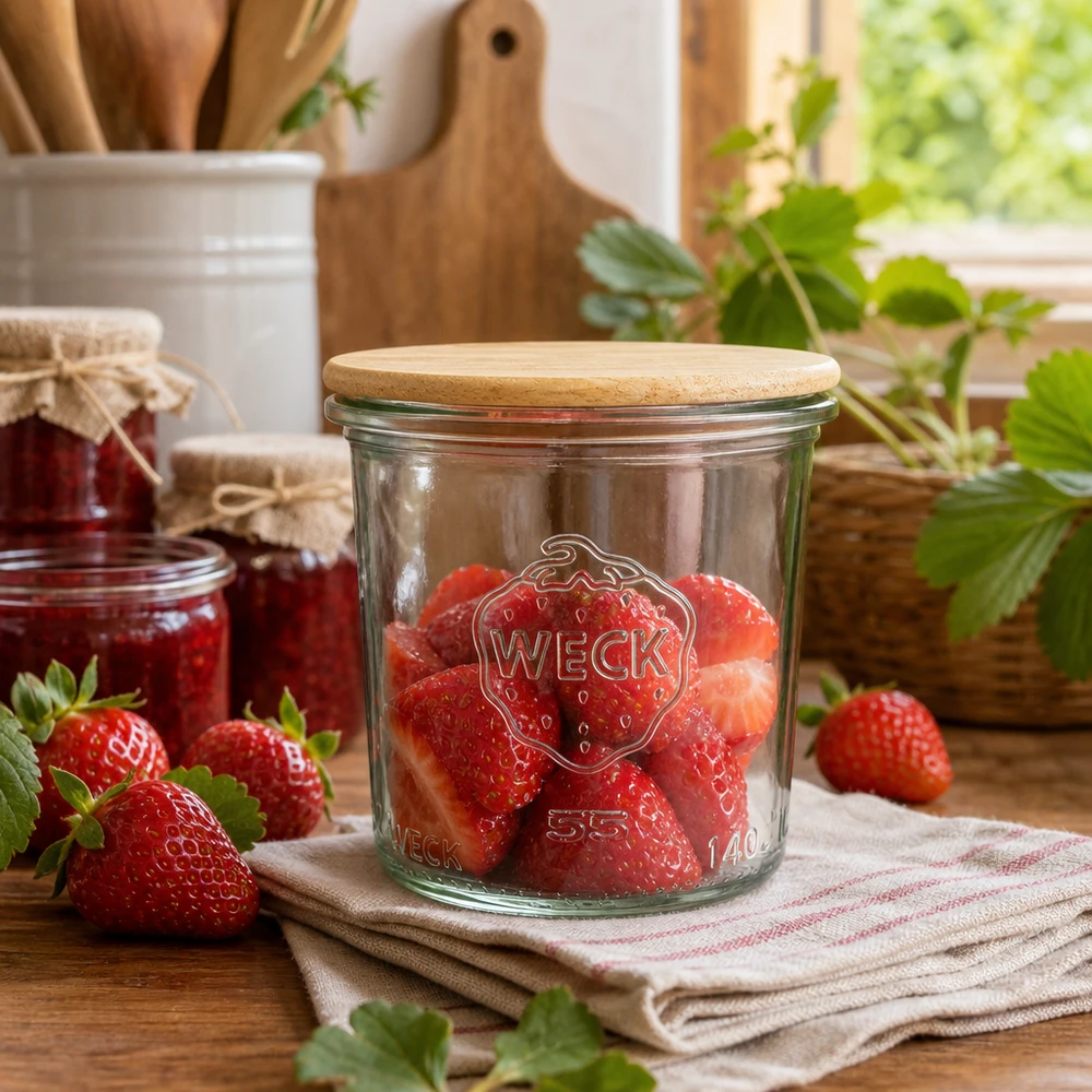 Los vasos RR60 de 140 ml de WECK rellenos de fresas frescas muestran su utilidad práctica en un entorno de cocina rústica