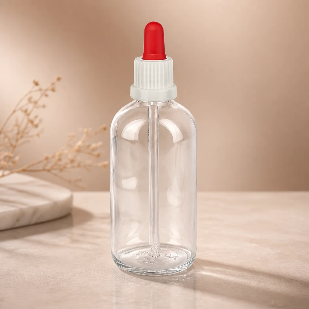 Frasco pipeta 100ml blanco/rojo cierre inviolable ClearLine UT18/100 Botella cuentagotas ClearLine de 100 ml, de cristal transparente, con bola de goma roja y pipeta de cristal larga UT18