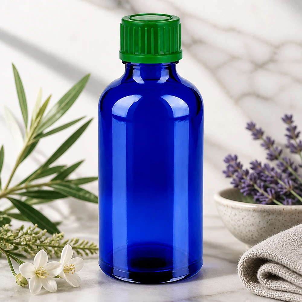 Frasco de 50 ml con tapón de rosca y abertura de 11 mm de vidrio azul para dosificar con precisión los aceites esenciales