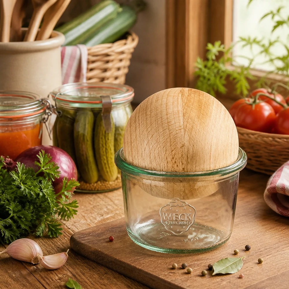 WECK 80ml RR60 mason jar con tapa de madera de haya en una cocina rústica junto a hierbas frescas y tarros de conserva