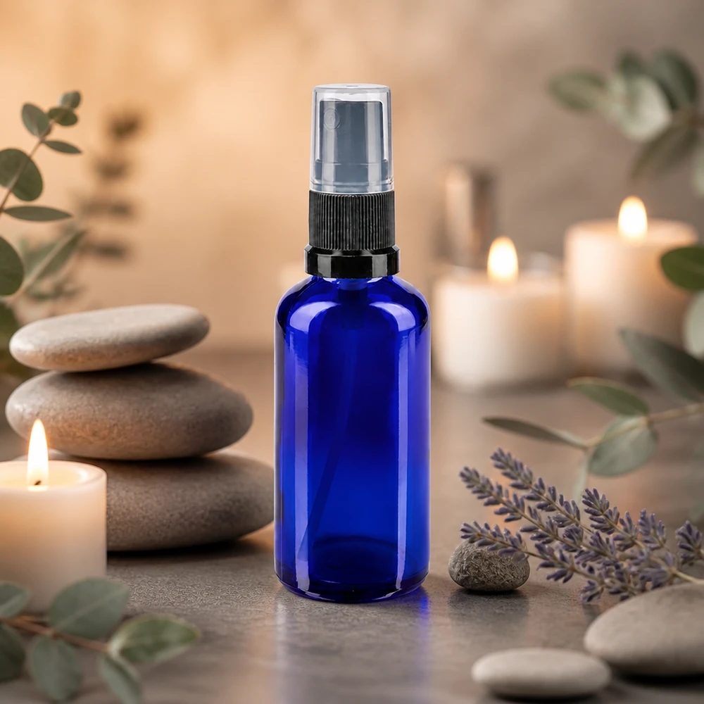 Botella de farmacia azul 50ml atomizador negro Botella pulverizadora azul de 50 ml de cristal de farmacia con pulverizador negro, delante de lavanda y velas