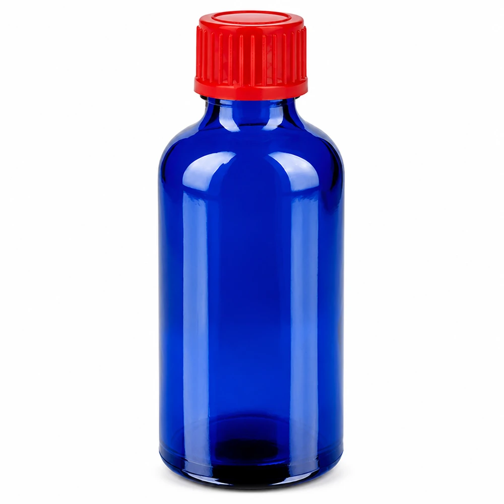 Botella de vidrio azul de 50 ml con tapón de rosca rojo de 11 mm SV BlueLine UT18/50