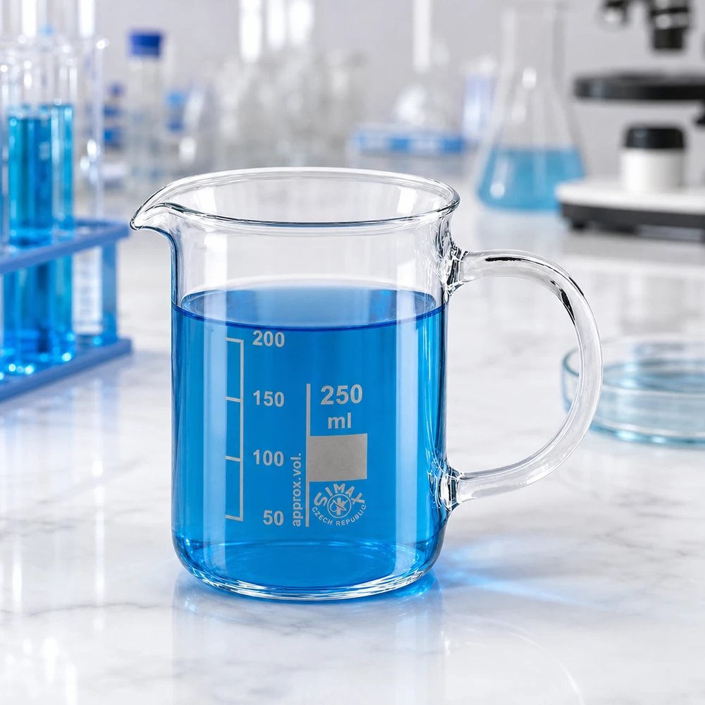 Vaso de precipitados de 250 ml con asa, lleno de un líquido azul, en un laboratorio sobre una mesa de mármol