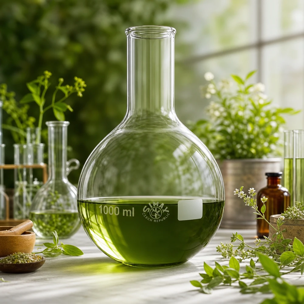 Matraz Erguido 1000ml cuello estrecho Frasco de pie de 1000 ml de cuello estrecho con solución verde rodeado de plantas y hierbas naturales