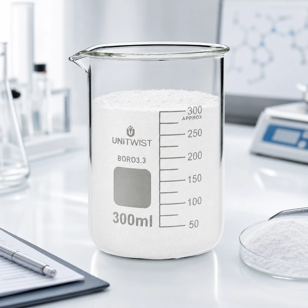 Vaso 300 ml borosilicato, molde bajo UNiTWIST Vaso de precipitados UNiTWIST de 300 ml lleno de polvo blanco sobre una mesa de trabajo de laboratorio con una balanza