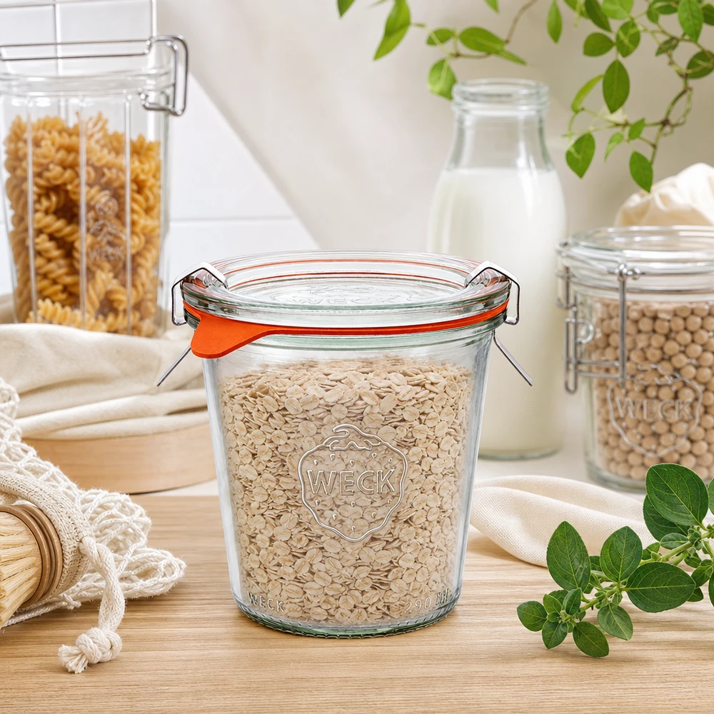 Vasos WECK 290ml RR80 rellenos de copos de avena en una escena de cocina natural con superficie de madera y plantas verdes