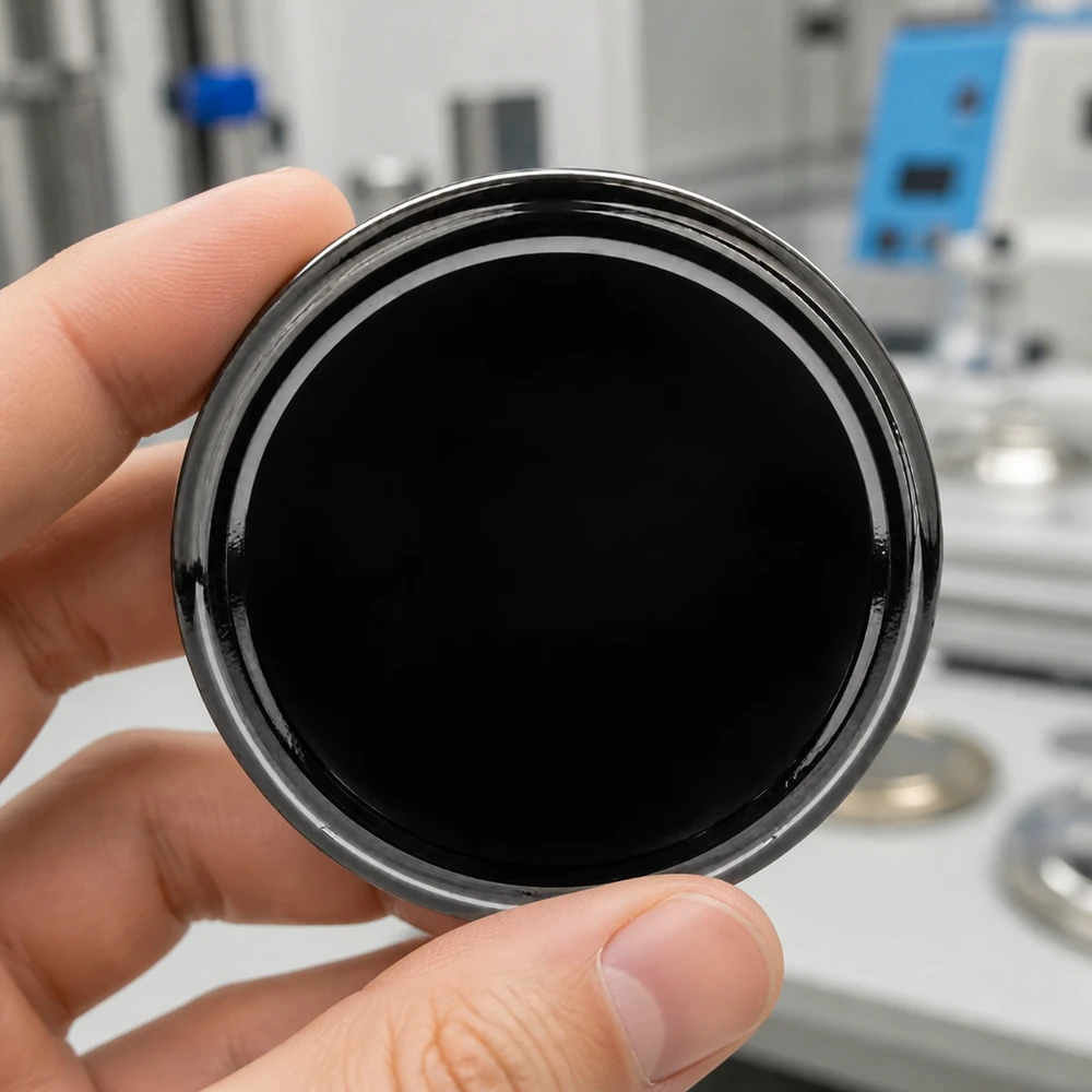 Tapa BasicSeal de 82 mm, negra (TO82) UNiTWIST Una mano sostiene una tapa negra TO82 BasicSeal de 82 mm con cierre UNiTWIST ante un fondo de laboratorio