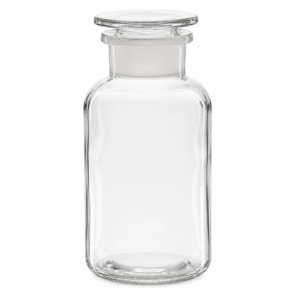 Botella de hombro redondo 500ml claro cuello ancho tapón de vidrio Botella de hombros redondeados de 500 ml, transparente, con tapón de vidrio y cuello ancho, para laboratorio y farmacia