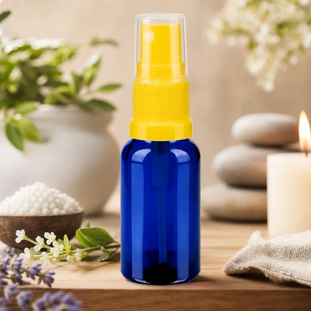 Frasco pulverizador de 20 ml amarillo/transparente tapa estándar BlueLine UT18/20 Frasco pulverizador de 20 ml de vidrio azul con rosca estándar BlueLine UT18/20 para cosméticos