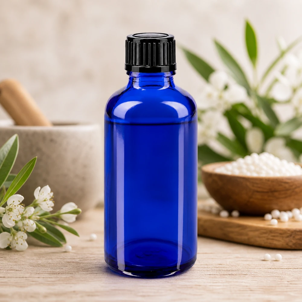 Frasco cuentagotas de 50 ml de cristal de farmacia azul cobalto con tapón de seguridad para niños de color negro